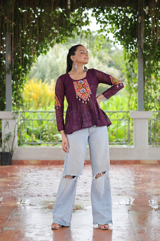 Navratri Special Georgette Schiffli Peplum Top with Kutchi Gamthi Patch Work ClothsVilla