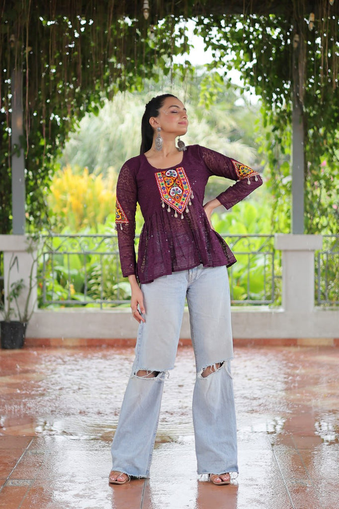 Navratri Special Georgette Schiffli Peplum Top with Kutchi Gamthi Patch Work ClothsVilla