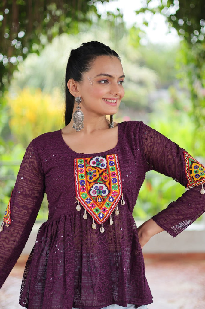 Navratri Special Georgette Schiffli Peplum Top with Kutchi Gamthi Patch Work ClothsVilla