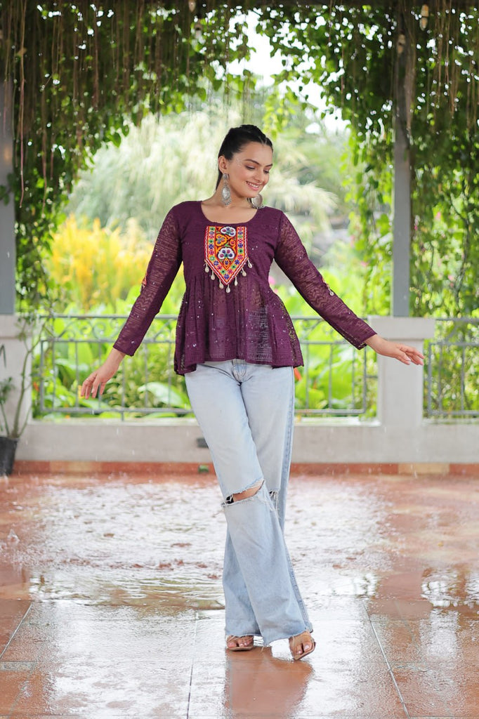 Navratri Special Georgette Schiffli Peplum Top with Kutchi Gamthi Patch Work ClothsVilla