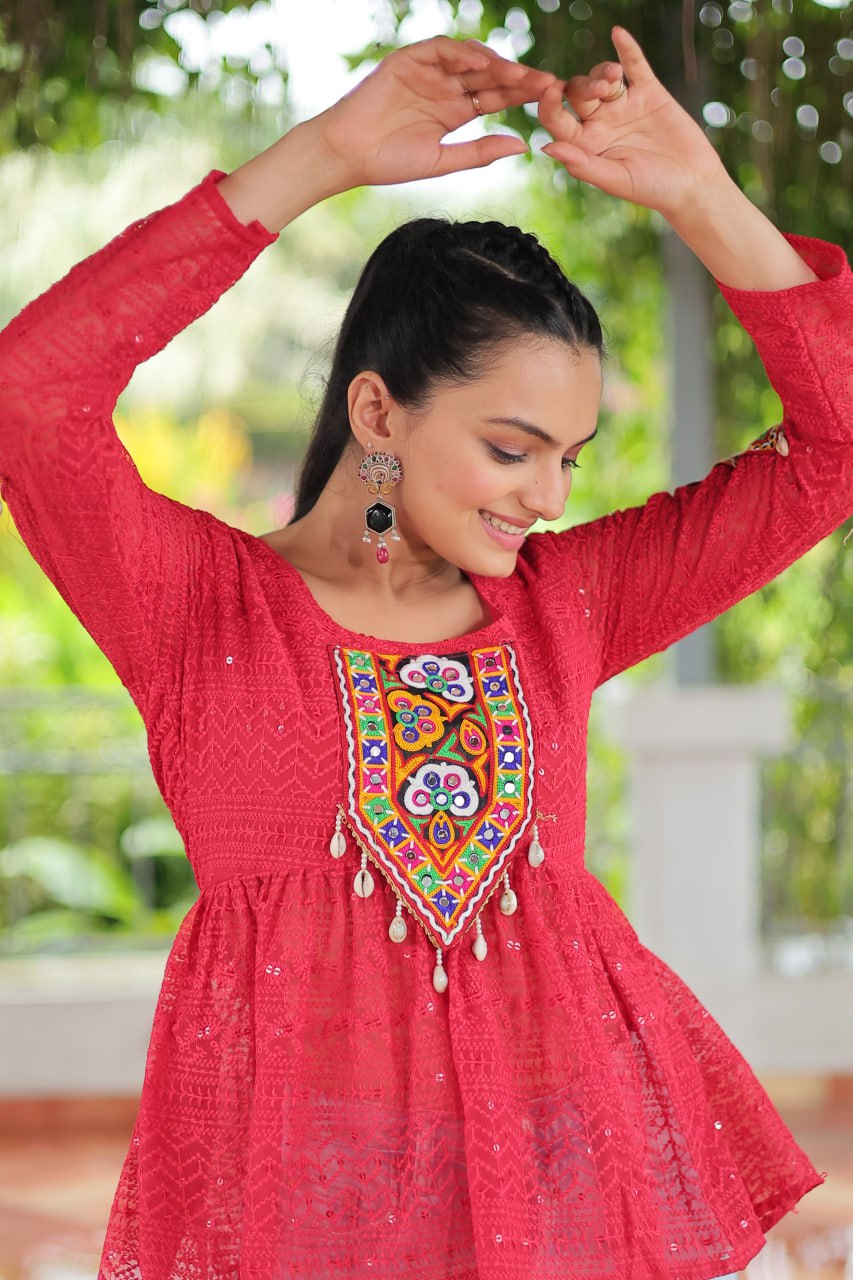 Navratri Special Georgette Schiffli Peplum Top with Kutchi Gamthi Patch Work ClothsVilla