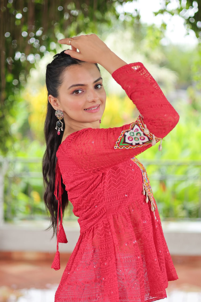Navratri Special Georgette Schiffli Peplum Top with Kutchi Gamthi Patch Work ClothsVilla