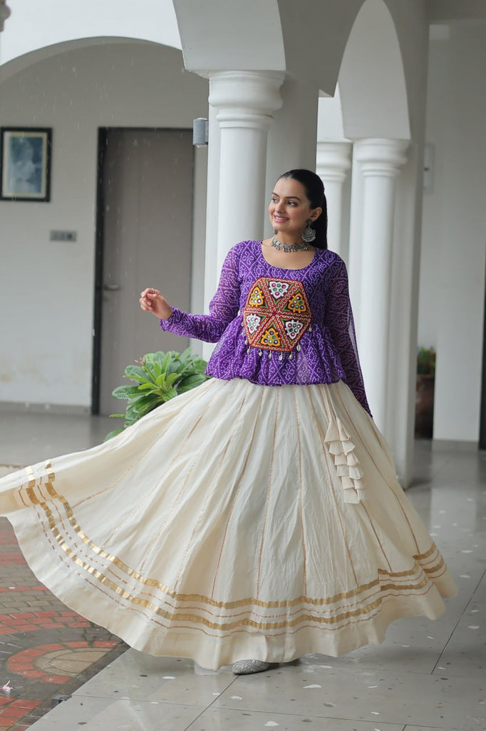 Navratri Special Kora Cotton Gota Patti Lehenga with Bandhani Kutchi Gamthi Work Blouse – Full Stitched Set ClothsVilla