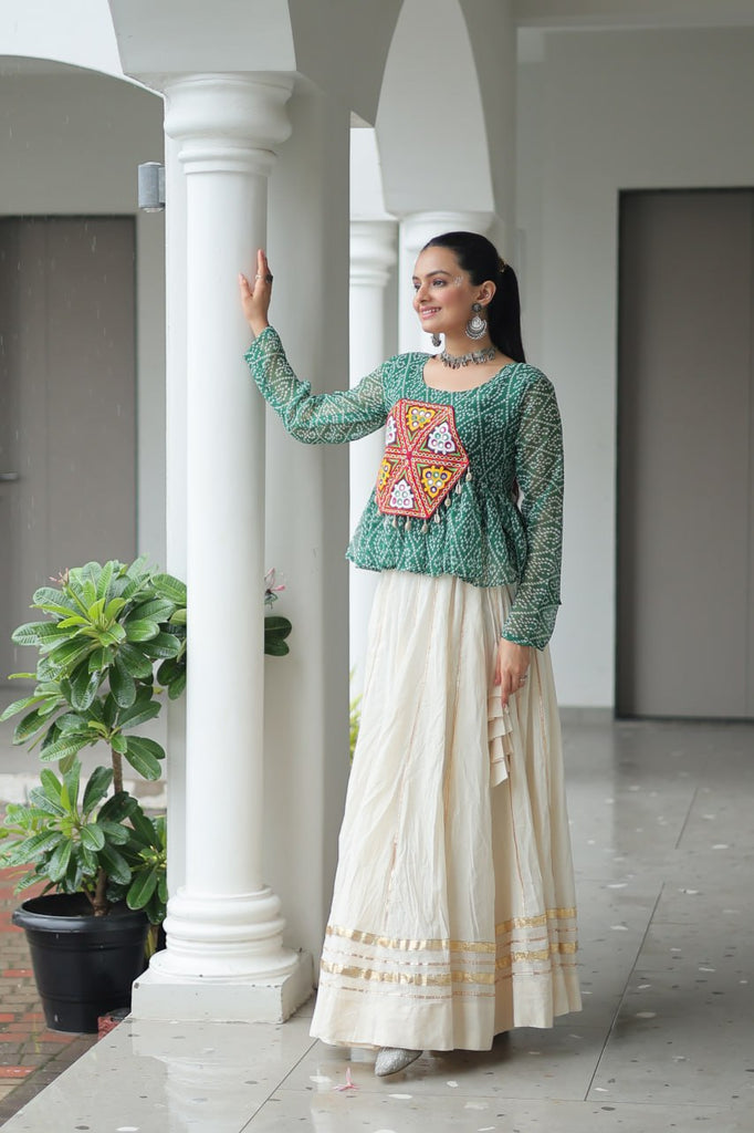 Navratri Special Kora Cotton Gota Patti Lehenga with Bandhani Kutchi Gamthi Work Blouse – Full Stitched Set ClothsVilla