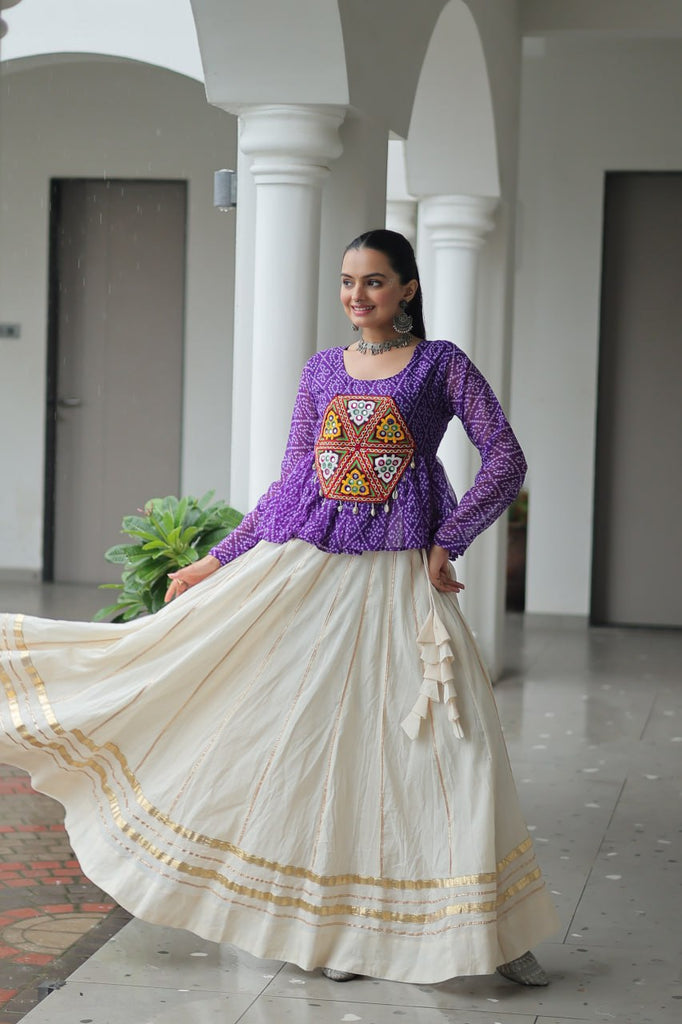 Navratri Special Kora Cotton Gota Patti Lehenga with Bandhani Kutchi Gamthi Work Blouse – Full Stitched Set ClothsVilla