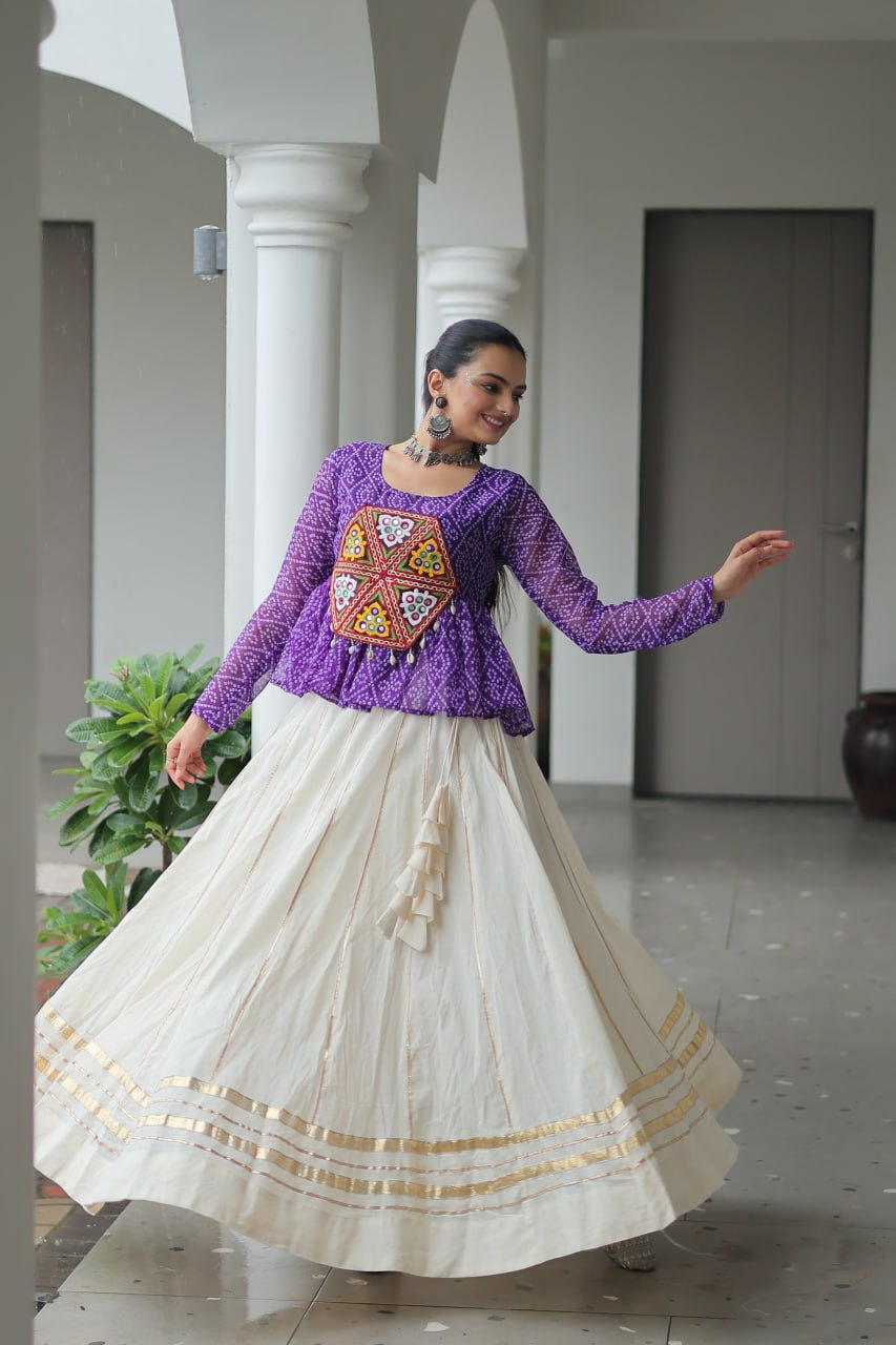 Navratri Special Kora Cotton Gota Patti Lehenga with Bandhani Kutchi Gamthi Work Blouse – Full Stitched Set ClothsVilla