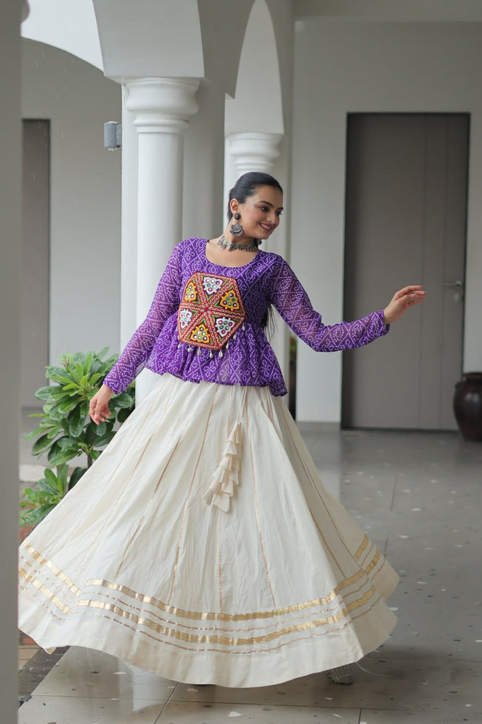 Navratri Special Kora Cotton Gota Patti Lehenga with Bandhani Kutchi Gamthi Work Blouse – Full Stitched Set ClothsVilla