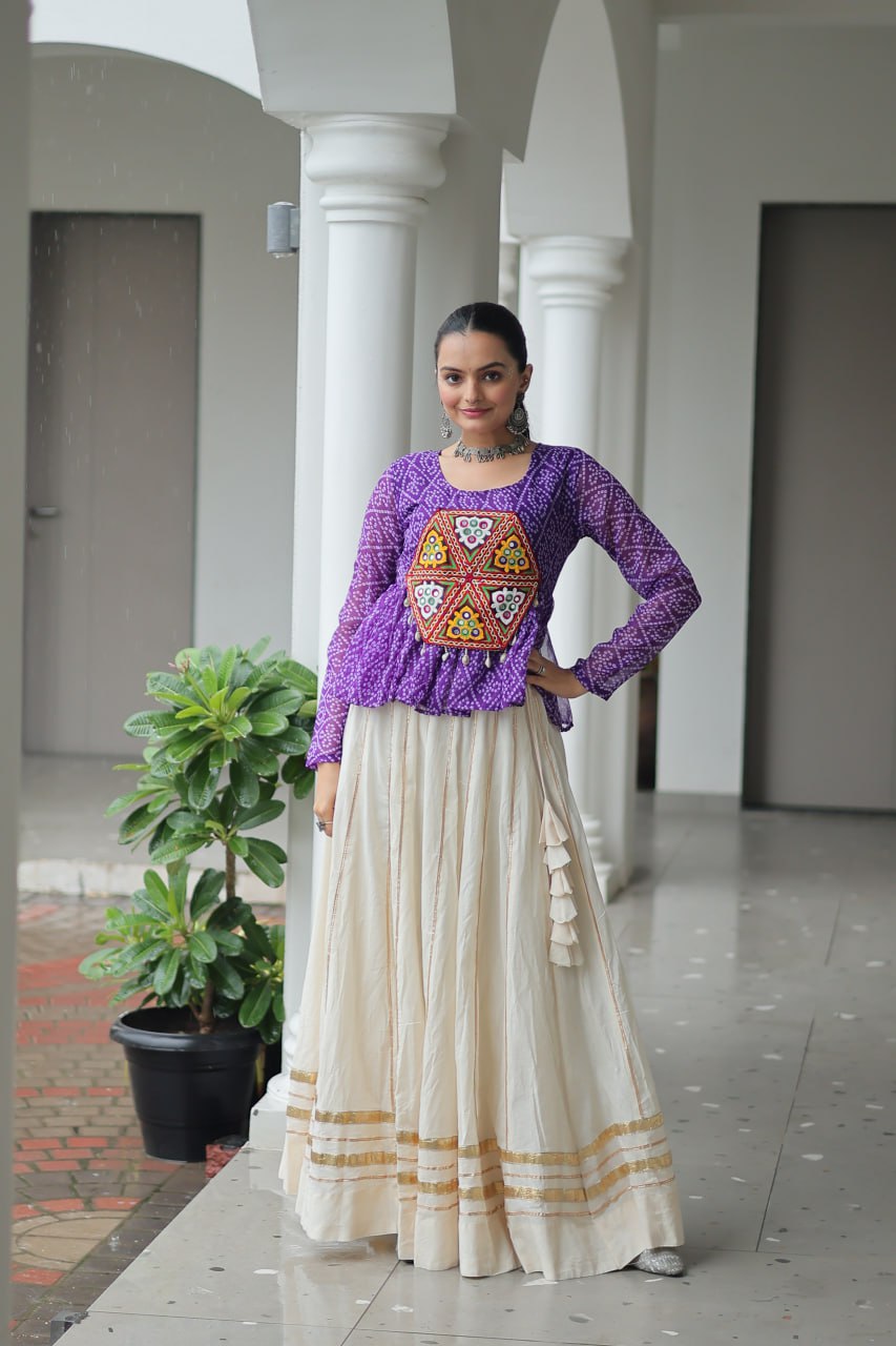 Navratri Special Kora Cotton Gota Patti Lehenga with Bandhani Kutchi Gamthi Work Blouse – Full Stitched Set ClothsVilla