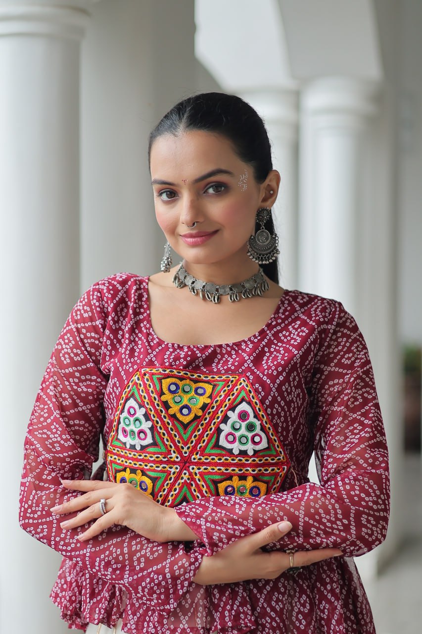 Navratri Special Kora Cotton Gota Patti Lehenga with Bandhani Kutchi Gamthi Work Blouse – Full Stitched Set ClothsVilla