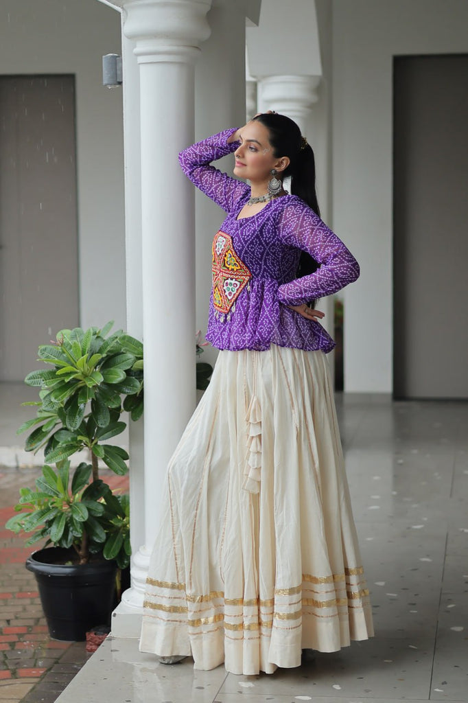 Navratri Special Kora Cotton Gota Patti Lehenga with Bandhani Kutchi Gamthi Work Blouse – Full Stitched Set ClothsVilla