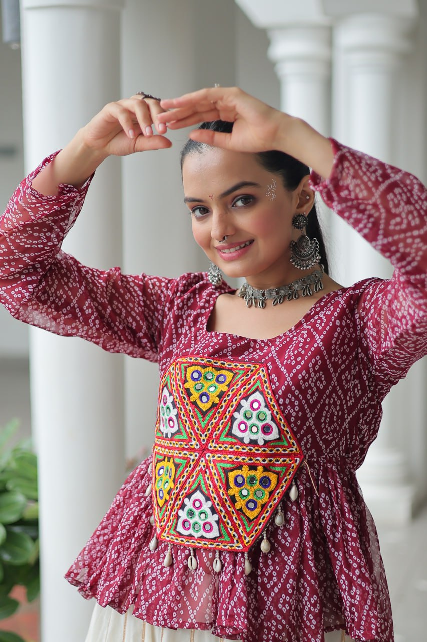 Navratri Special Kora Cotton Gota Patti Lehenga with Bandhani Kutchi Gamthi Work Blouse – Full Stitched Set ClothsVilla