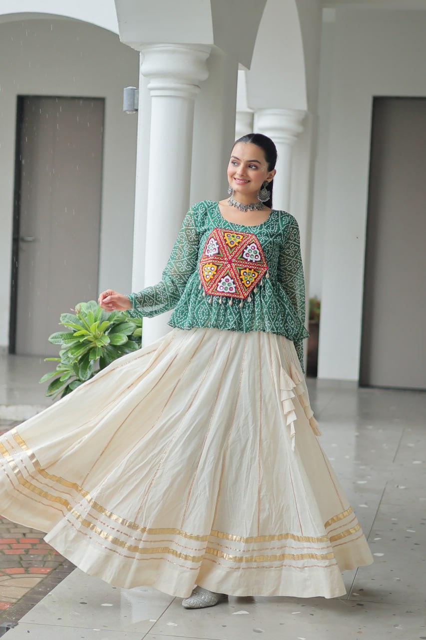 Navratri Special Kora Cotton Gota Patti Lehenga with Bandhani Kutchi Gamthi Work Blouse – Full Stitched Set ClothsVilla