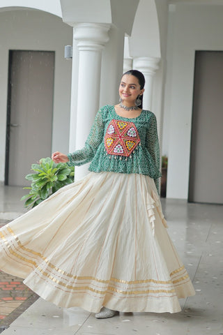 Navratri Special Kora Cotton Gota Patti Lehenga with Bandhani Kutchi Gamthi Work Blouse – Full Stitched Set ClothsVilla