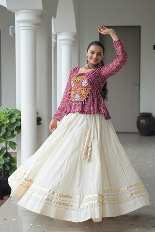 Navratri Special Kora Cotton Gota Patti Lehenga with Bandhani Kutchi Gamthi Work Blouse – Full Stitched Set ClothsVilla