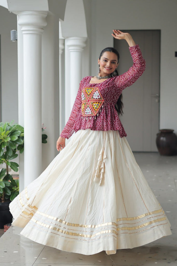 Navratri Special Kora Cotton Gota Patti Lehenga with Bandhani Kutchi Gamthi Work Blouse – Full Stitched Set ClothsVilla