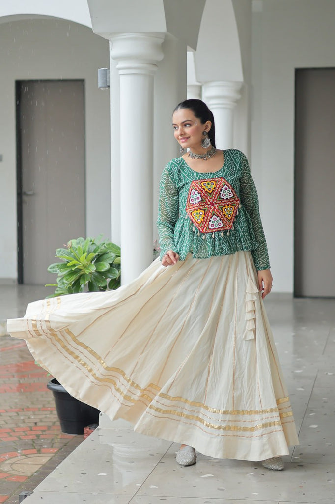Navratri Special Kora Cotton Gota Patti Lehenga with Bandhani Kutchi Gamthi Work Blouse – Full Stitched Set ClothsVilla