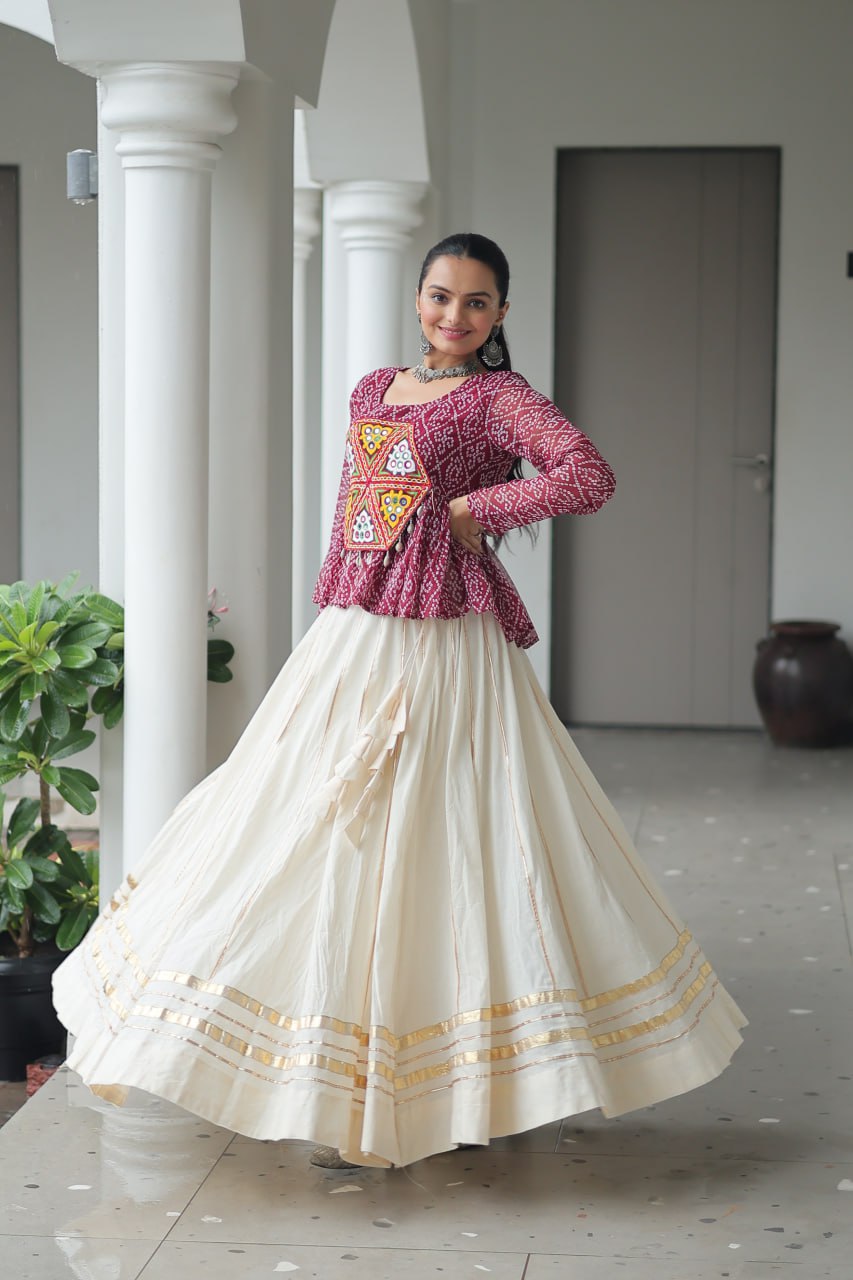 Navratri Special Kora Cotton Gota Patti Lehenga with Bandhani Kutchi Gamthi Work Blouse – Full Stitched Set ClothsVilla