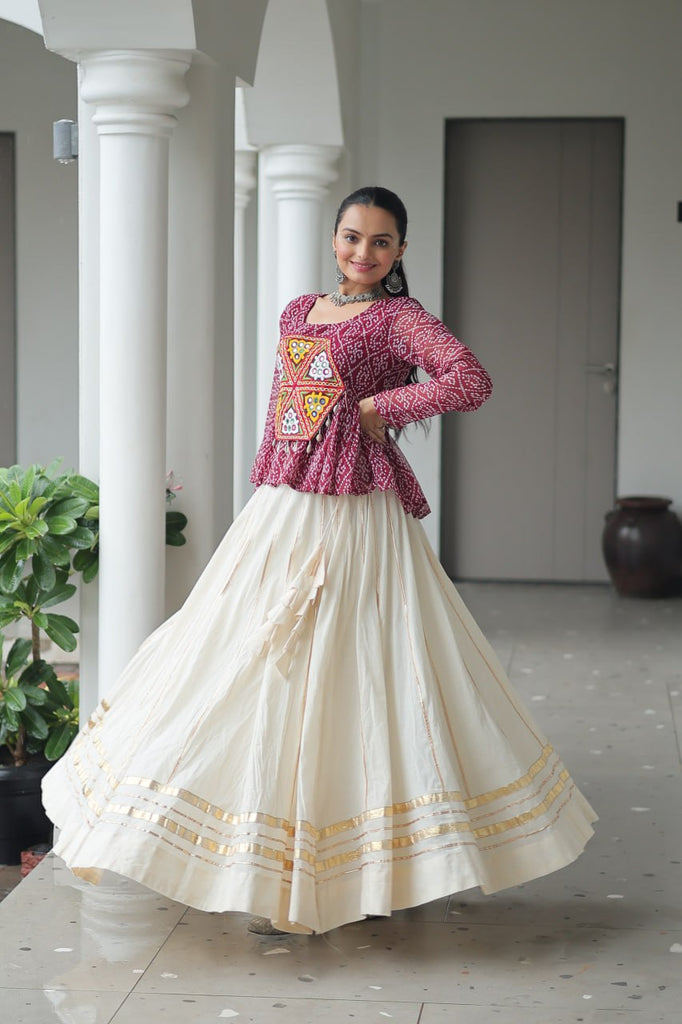 Navratri Special Kora Cotton Gota Patti Lehenga with Bandhani Kutchi Gamthi Work Blouse – Full Stitched Set ClothsVilla