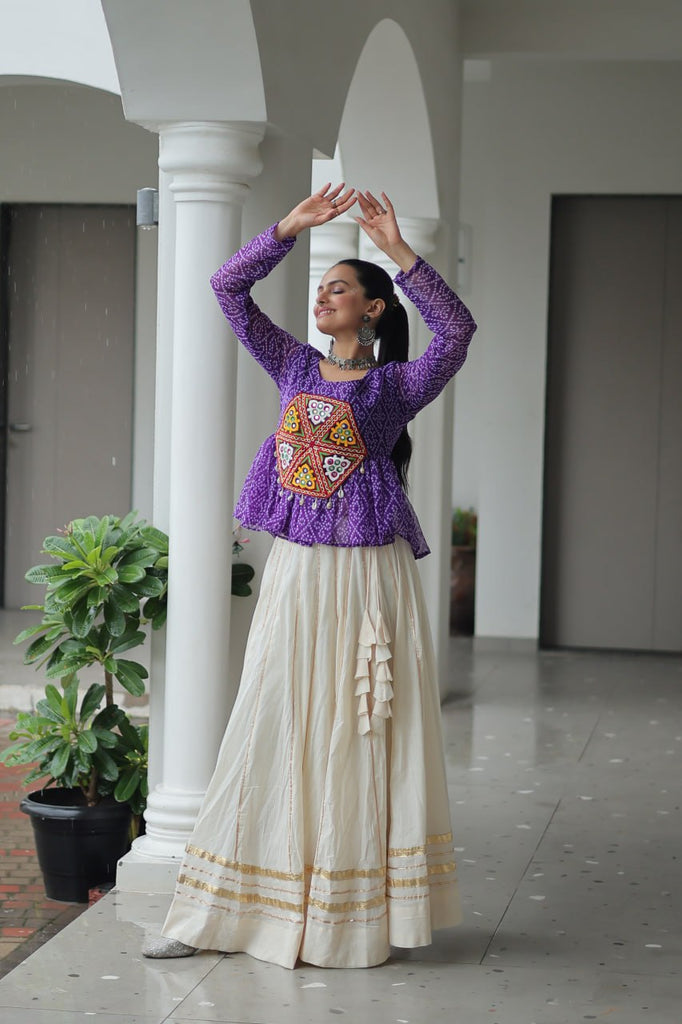 Navratri Special Kora Cotton Gota Patti Lehenga with Bandhani Kutchi Gamthi Work Blouse – Full Stitched Set ClothsVilla