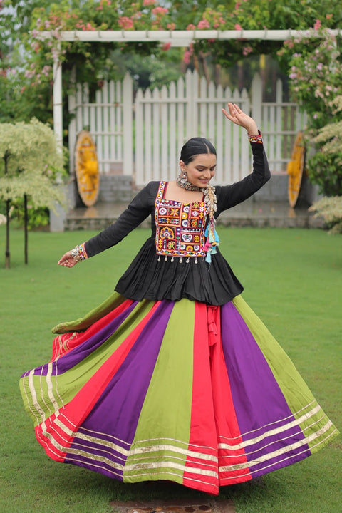 Navratri Special Multi-Color Lehenga with Black Peplum Top Kutchi Gamthi Work Full-Stitched Garba Outfit ClothsVilla Main image