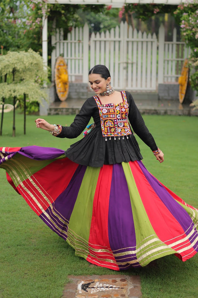 Navratri Special Multi-Color Lehenga with Black Peplum Top Kutchi Gamthi Work Full-Stitched Garba Outfit ClothsVilla
