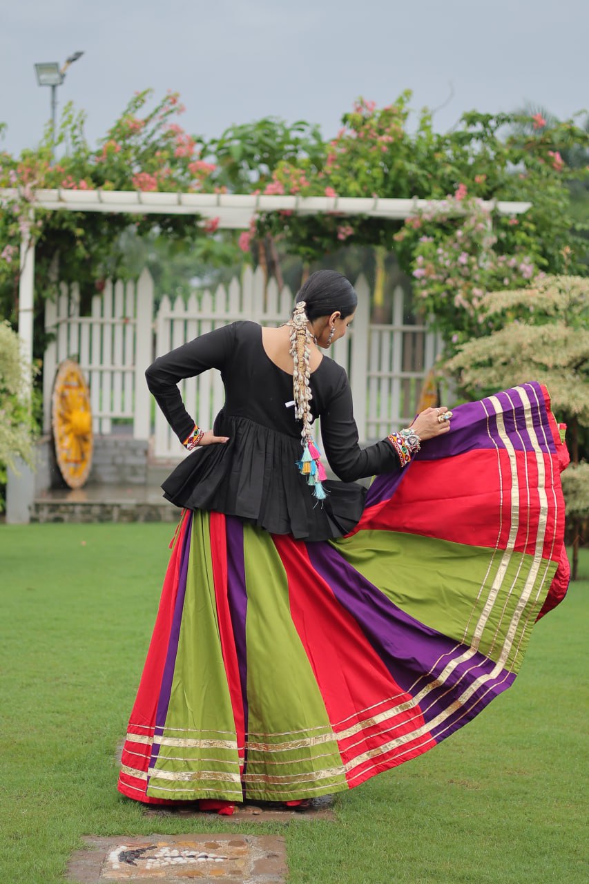 Navratri Special Multi-Color Lehenga with Black Peplum Top Kutchi Gamthi Work Full-Stitched Garba Outfit ClothsVilla