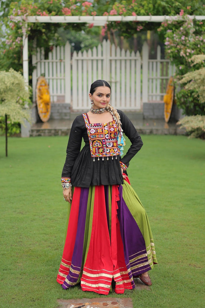 Navratri Special Multi-Color Lehenga with Black Peplum Top Kutchi Gamthi Work Full-Stitched Garba Outfit ClothsVilla