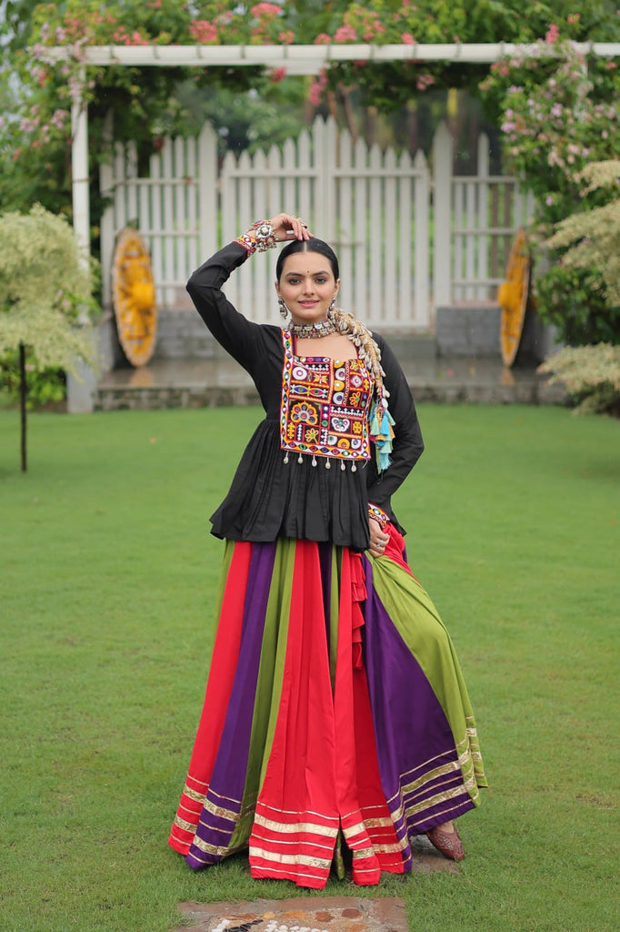 Navratri Special Multi-Color Lehenga with Black Peplum Top Kutchi Gamthi Work Full-Stitched Garba Outfit ClothsVilla