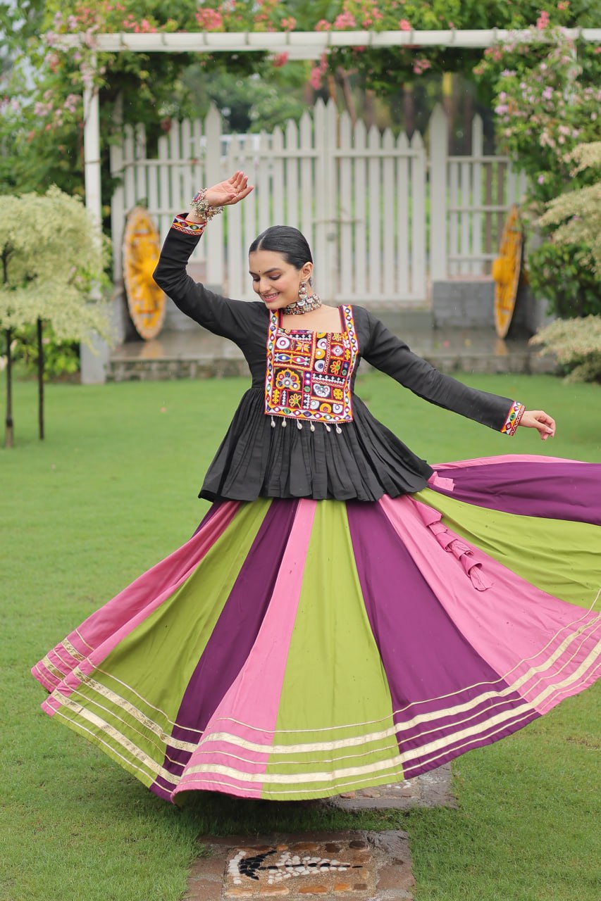 Navratri Special Multi-Color Lehenga with Black Peplum Top Kutchi Gamthi Work Full-Stitched Garba Outfit ClothsVilla