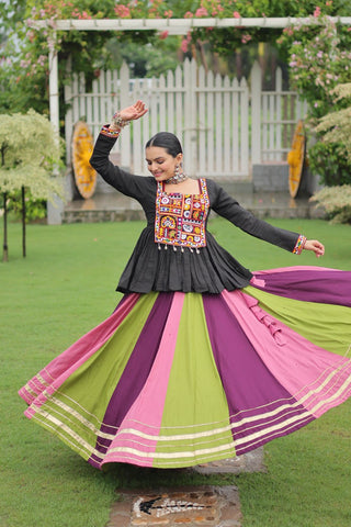 Navratri Special Multi-Color Lehenga with Black Peplum Top Kutchi Gamthi Work Full-Stitched Garba Outfit ClothsVilla