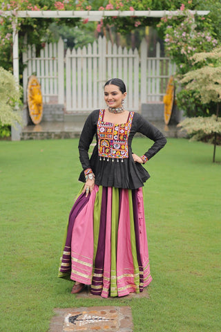 Navratri Special Multi-Color Lehenga with Black Peplum Top Kutchi Gamthi Work Full-Stitched Garba Outfit ClothsVilla