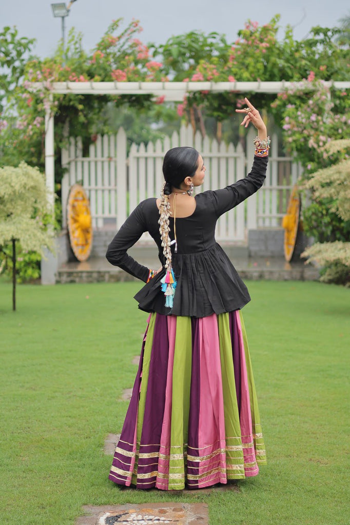 Navratri Special Multi-Color Lehenga with Black Peplum Top Kutchi Gamthi Work Full-Stitched Garba Outfit ClothsVilla