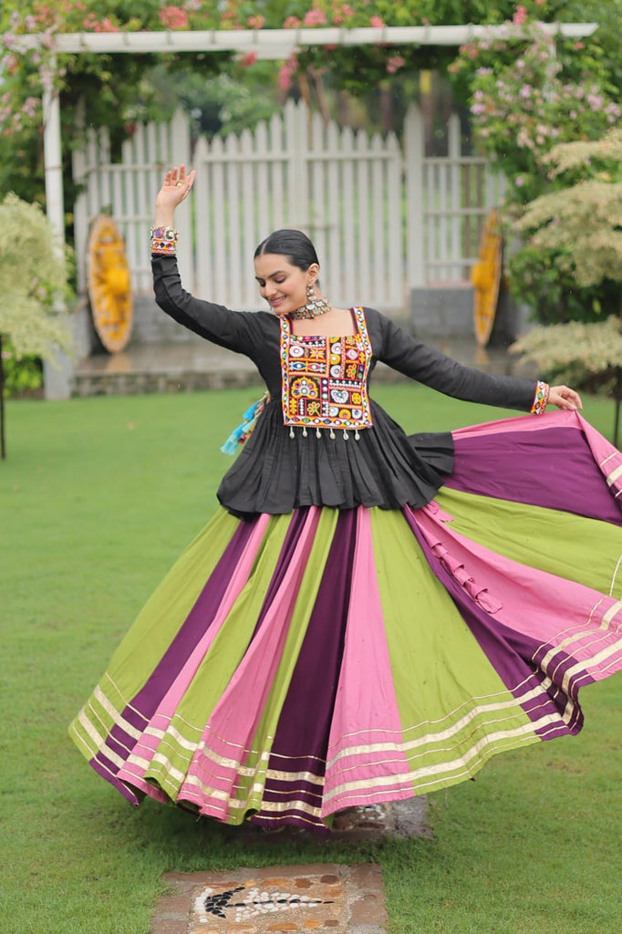 Navratri Special Multi-Color Lehenga with Black Peplum Top Kutchi Gamthi Work Full-Stitched Garba Outfit ClothsVilla