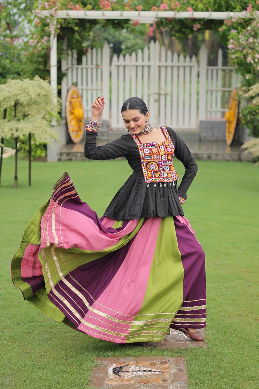 Navratri Special Multi-Color Lehenga with Black Peplum Top Kutchi Gamthi Work Full-Stitched Garba Outfit ClothsVilla