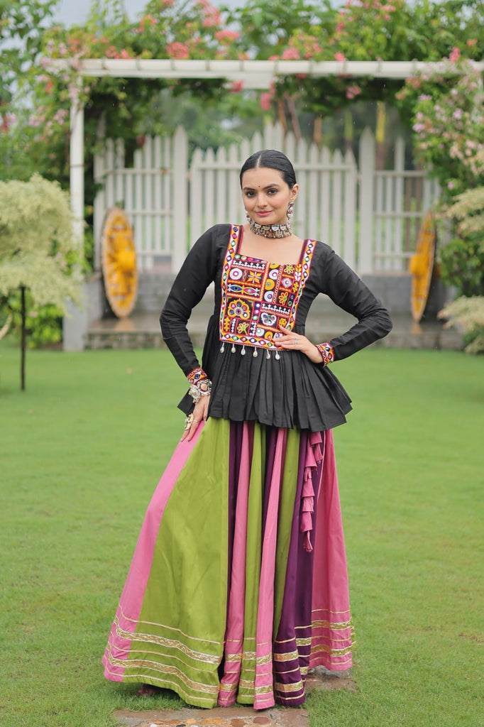 Navratri Special Multi-Color Lehenga with Black Peplum Top Kutchi Gamthi Work Full-Stitched Garba Outfit ClothsVilla