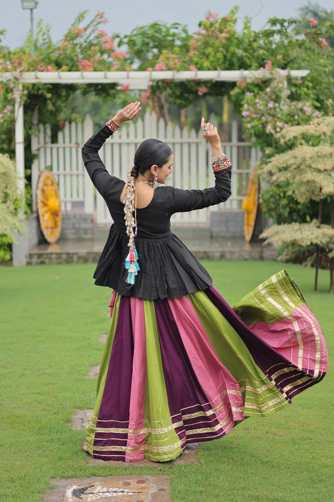 Navratri Special Multi-Color Lehenga with Black Peplum Top Kutchi Gamthi Work Full-Stitched Garba Outfit ClothsVilla