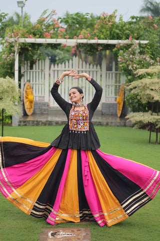 Navratri Special Multi-Color Lehenga with Black Peplum Top Kutchi Gamthi Work Full-Stitched Garba Outfit ClothsVilla