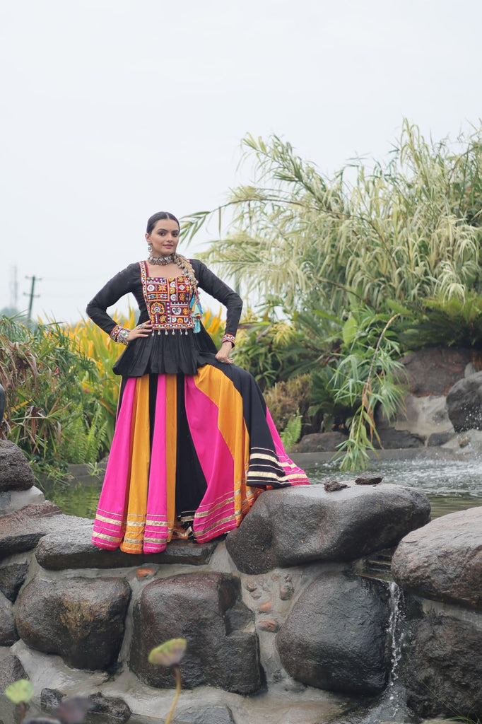 Navratri Special Multi-Color Lehenga with Black Peplum Top Kutchi Gamthi Work Full-Stitched Garba Outfit ClothsVilla