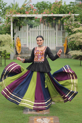 Navratri Special Multi-Color Lehenga with Black Peplum Top Kutchi Gamthi Work Full-Stitched Garba Outfit ClothsVilla