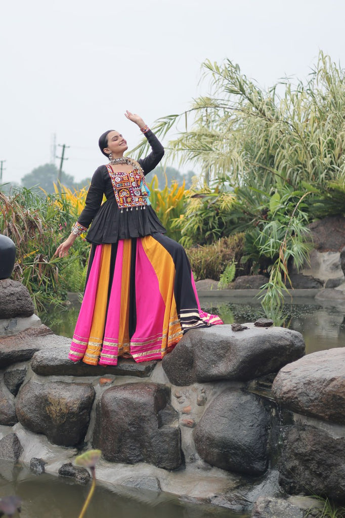 Navratri Special Multi-Color Lehenga with Black Peplum Top Kutchi Gamthi Work Full-Stitched Garba Outfit ClothsVilla