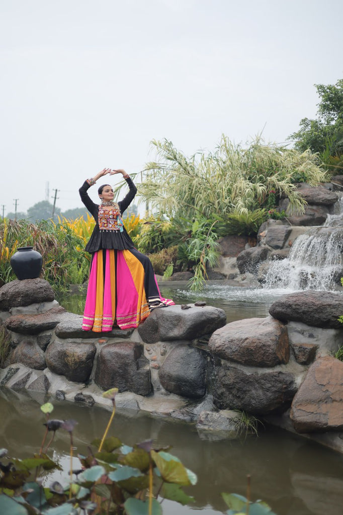 Navratri Special Multi-Color Lehenga with Black Peplum Top Kutchi Gamthi Work Full-Stitched Garba Outfit ClothsVilla