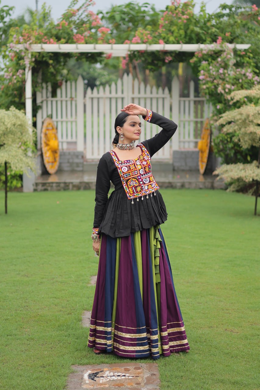 Navratri Special Multi-Color Lehenga with Black Peplum Top Kutchi Gamthi Work Full-Stitched Garba Outfit ClothsVilla