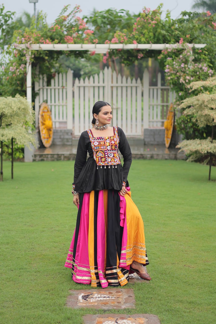 Navratri Special Multi-Color Lehenga with Black Peplum Top Kutchi Gamthi Work Full-Stitched Garba Outfit ClothsVilla
