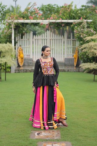 Navratri Special Multi-Color Lehenga with Black Peplum Top Kutchi Gamthi Work Full-Stitched Garba Outfit ClothsVilla