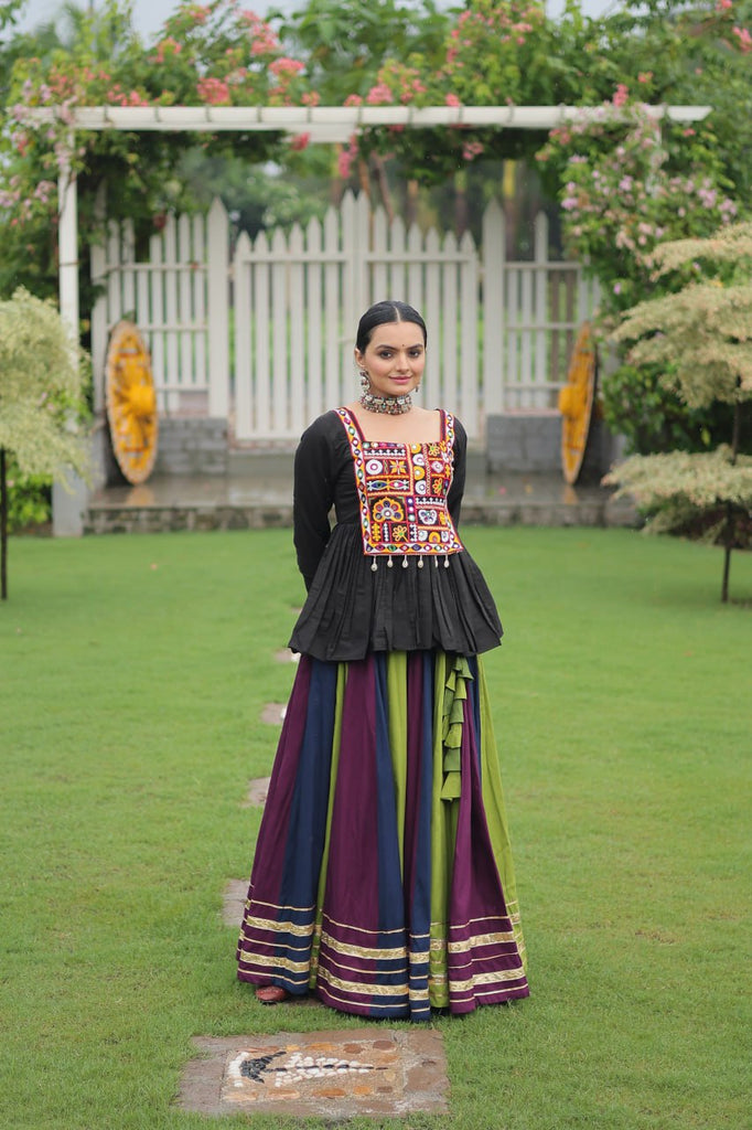 Navratri Special Multi-Color Lehenga with Black Peplum Top Kutchi Gamthi Work Full-Stitched Garba Outfit ClothsVilla