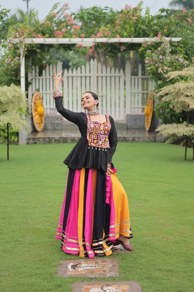 Navratri Special Multi-Color Lehenga with Black Peplum Top Kutchi Gamthi Work Full-Stitched Garba Outfit ClothsVilla