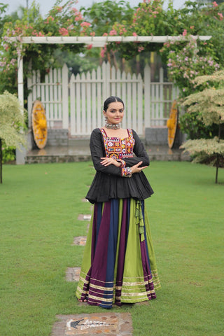 Navratri Special Multi-Color Lehenga with Black Peplum Top Kutchi Gamthi Work Full-Stitched Garba Outfit ClothsVilla