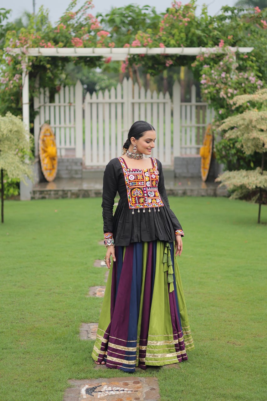 Navratri Special Multi-Color Lehenga with Black Peplum Top Kutchi Gamthi Work Full-Stitched Garba Outfit ClothsVilla