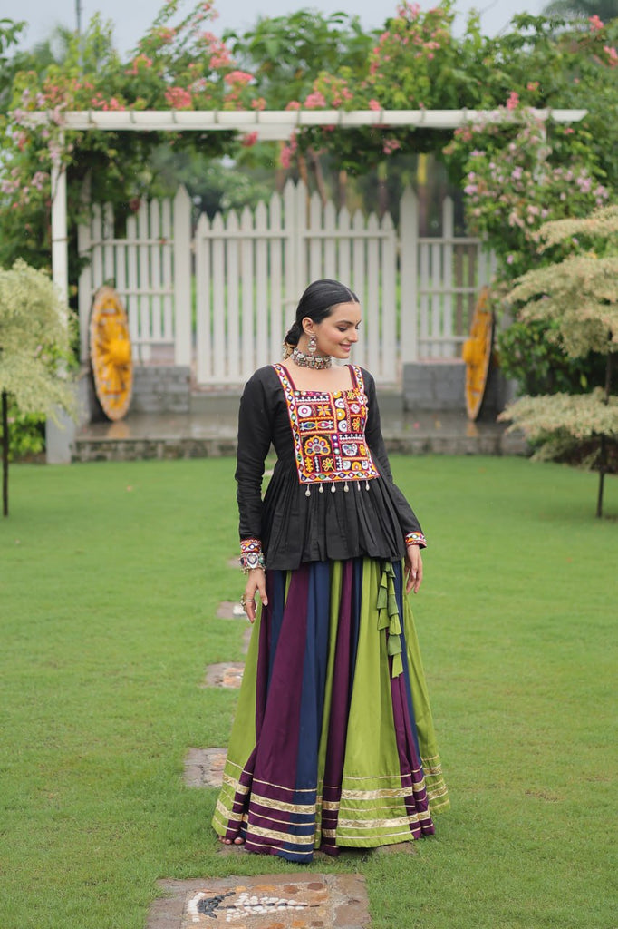 Navratri Special Multi-Color Lehenga with Black Peplum Top Kutchi Gamthi Work Full-Stitched Garba Outfit ClothsVilla