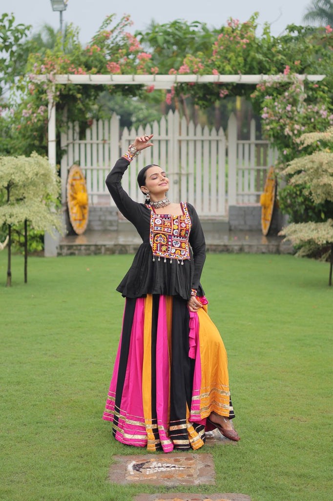 Navratri Special Multi-Color Lehenga with Black Peplum Top Kutchi Gamthi Work Full-Stitched Garba Outfit ClothsVilla
